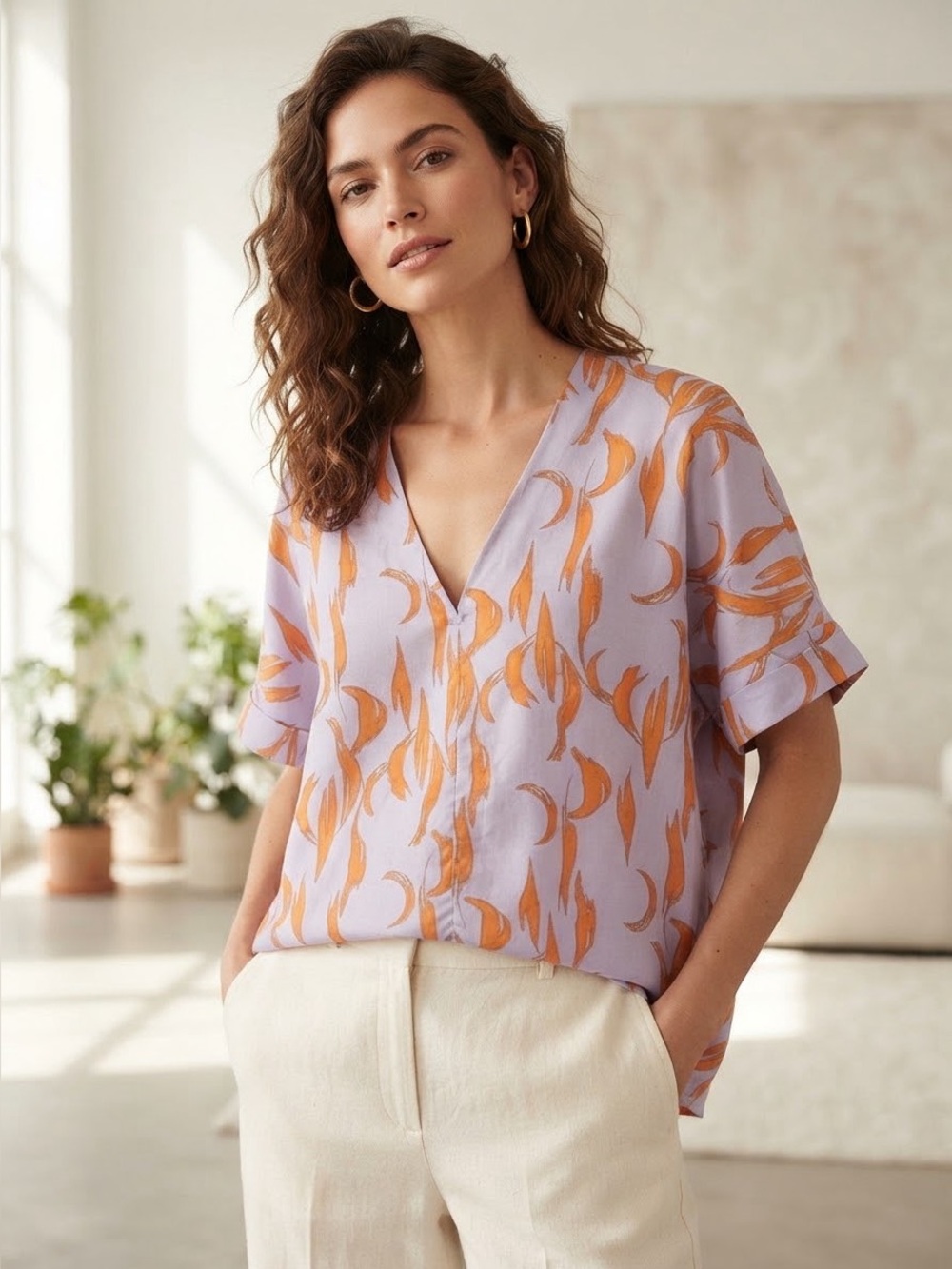 JODIFL Lavender Tunic with Bold Orange Abstract Print